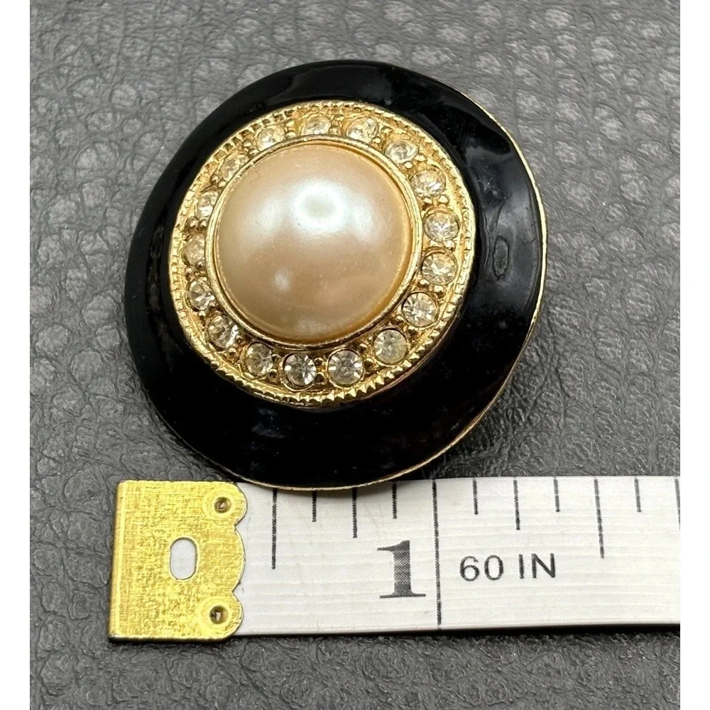 Vintage 80s Runway Black Enamel Faux Pearl Crystal Gold Tone Clip Earrings